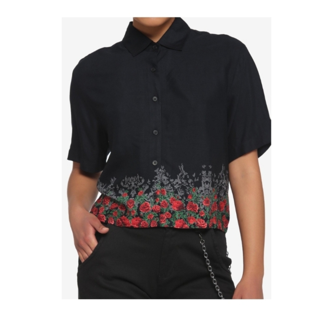 Hot Topic Red Roses Border Boxy Crop Button Up Collared Shirt 3XL Woven Goth